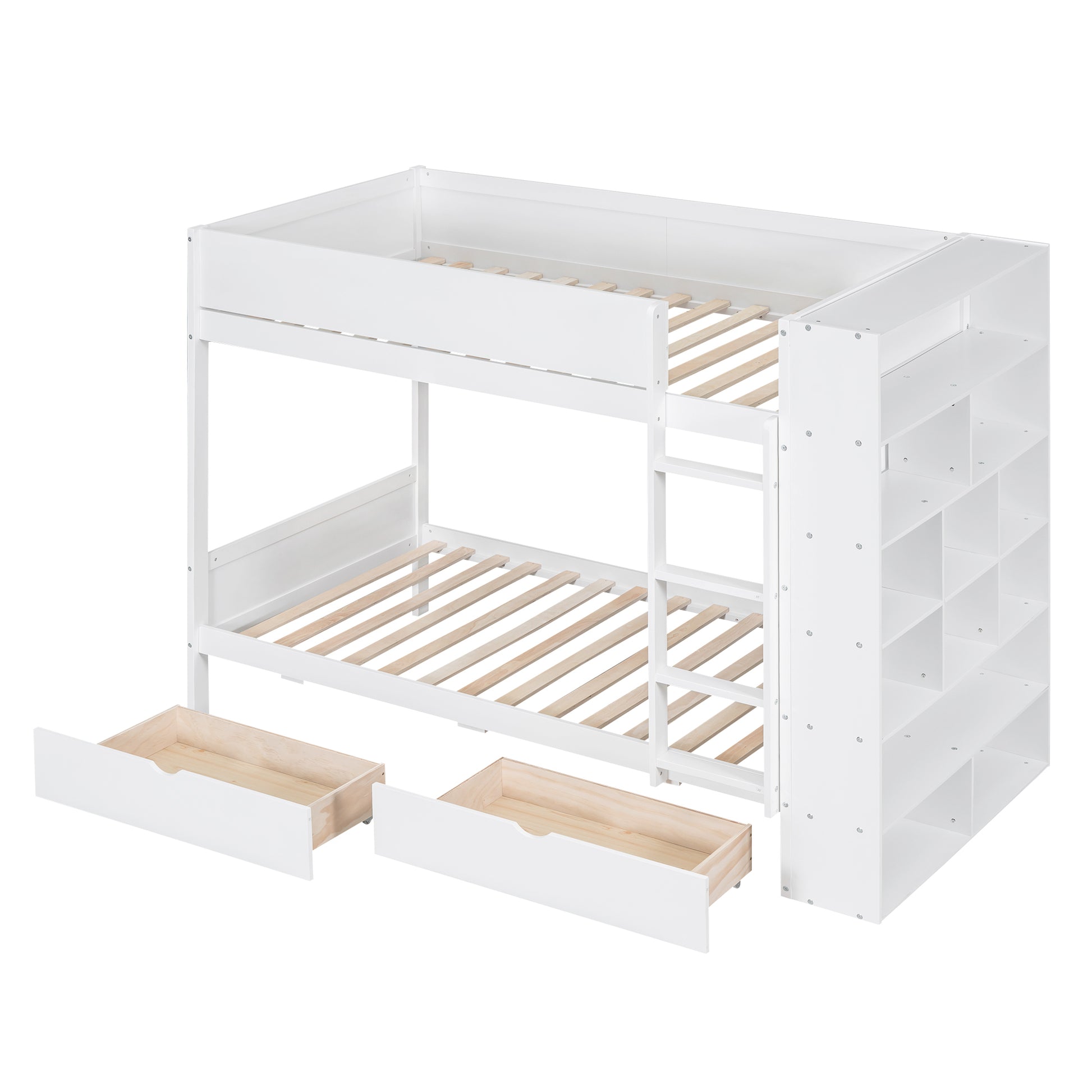 Twin Over Twin Bunk Bed With 2 Drawers And Multi Layer Cabinet, White White Solid Wood Mdf