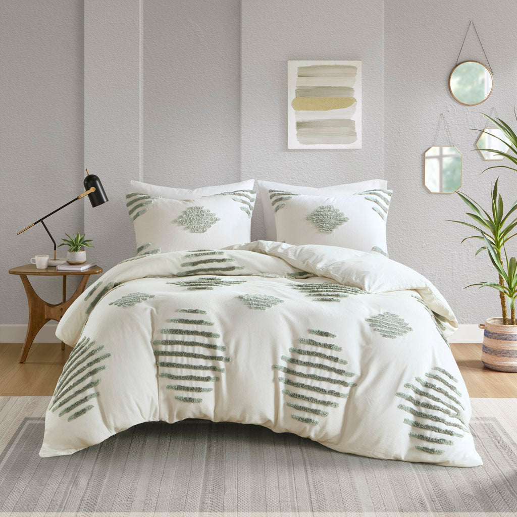 3 Piece Cotton Blend Chenille Duvet Cover Set Green Ivory Cotton