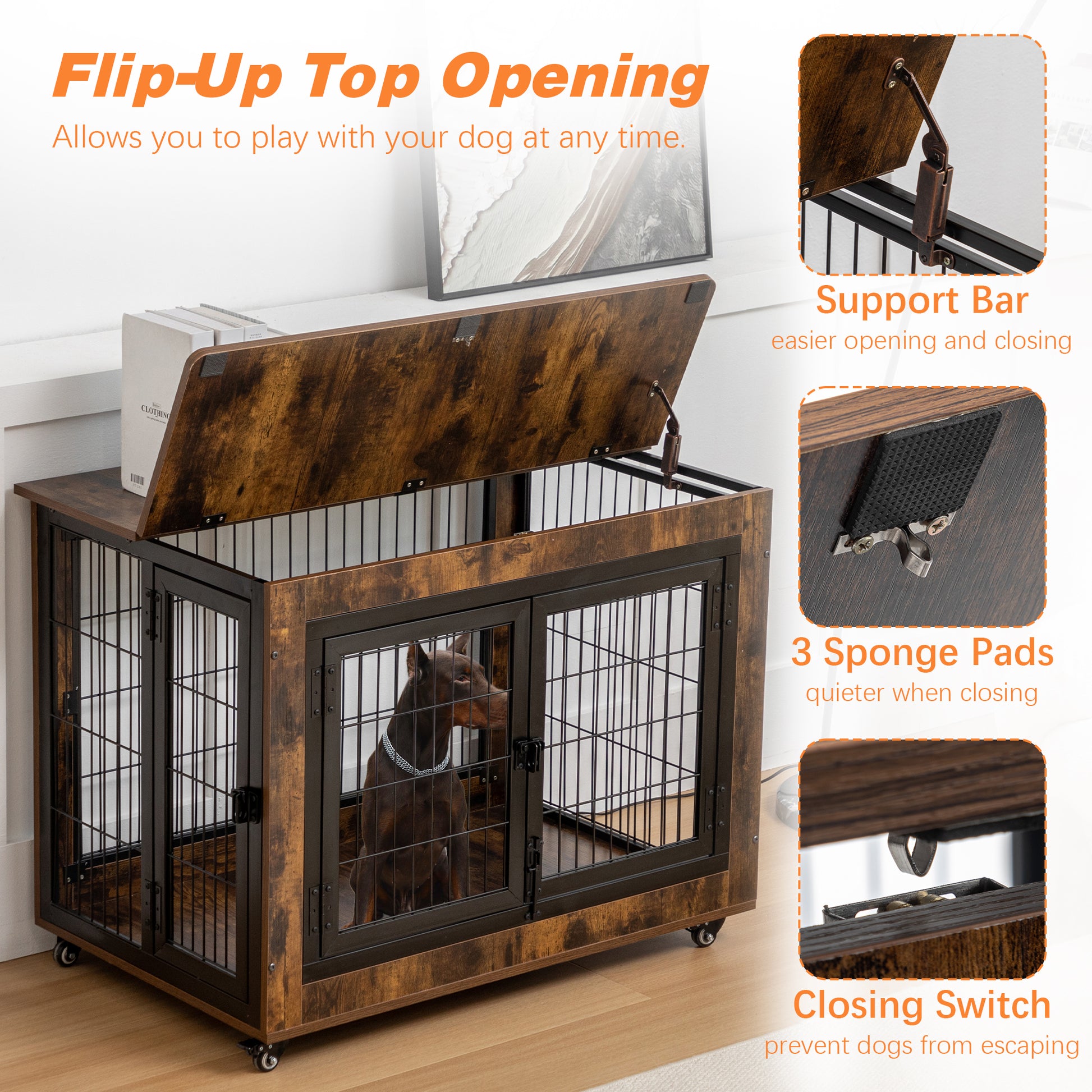 Dog Crate Furniture, Large Dog Kennel, 43"Wooden Pet Furniture With Pull Out Tray, Home And Indoor Use, Double Door Modern Side End Table For Medium Large Small Dog Brown Mdf Steel