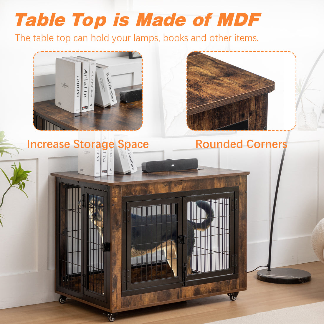 Dog Crate Furniture, Large Dog Kennel, 43"Wooden Pet Furniture With Pull Out Tray, Home And Indoor Use, Double Door Modern Side End Table For Medium Large Small Dog Brown Mdf Steel