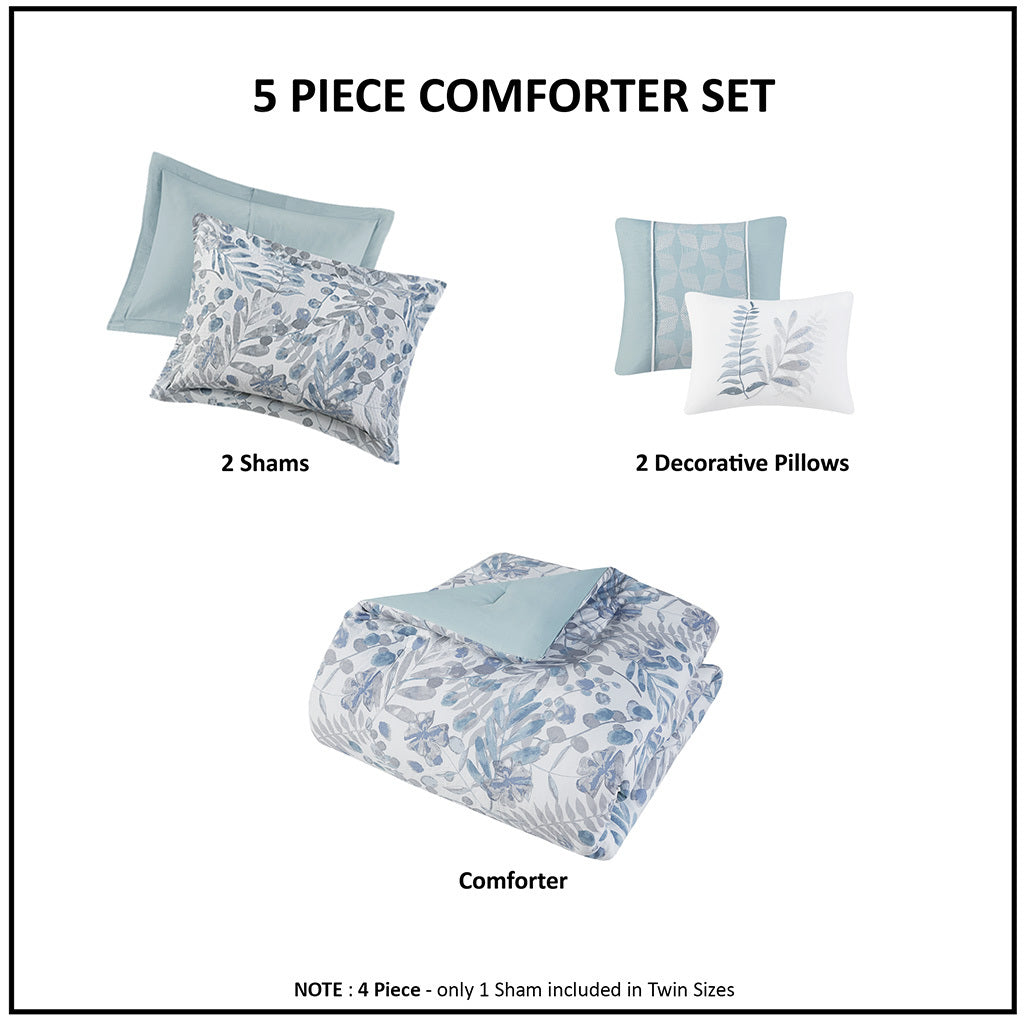 5 Piece Seersucker Comforter Set With Throw Pillows Blue Polyester