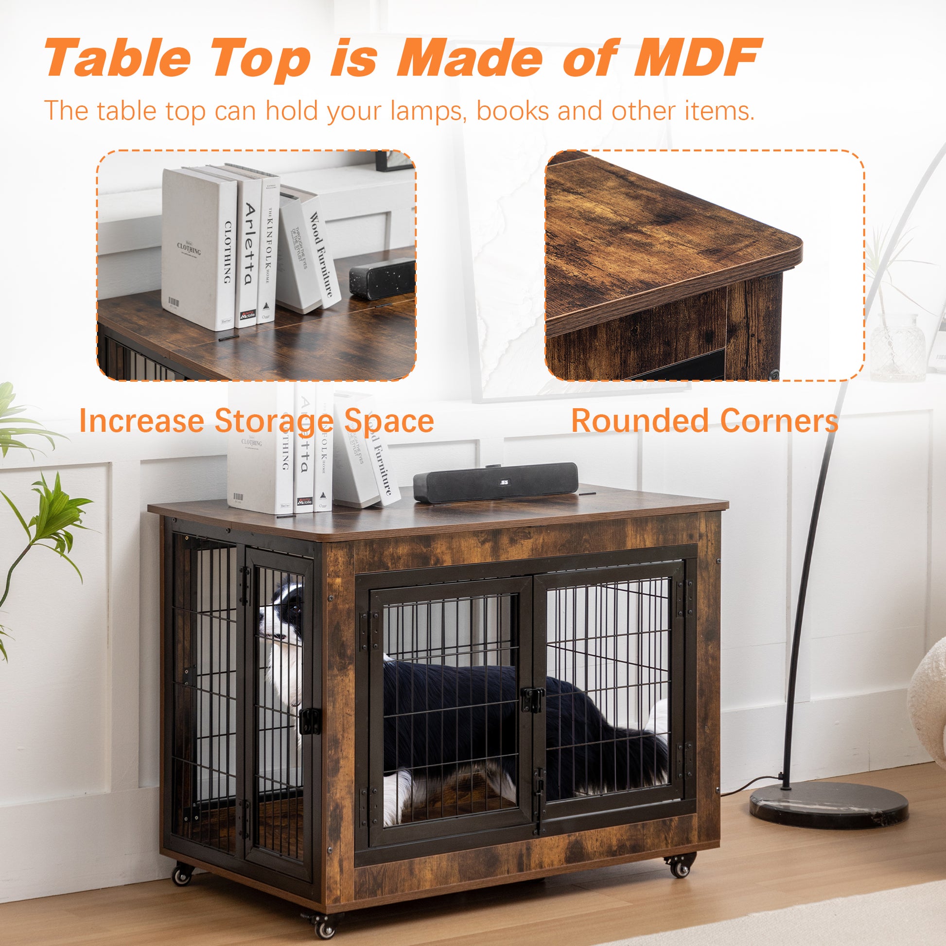 Dog Crate Furniture, Large Dog Kennel, 38"Wooden Pet Furniture With Pull Out Tray, Home And Indoor Use, Double Door Modern Side End Table For Medium Large Small Dog Brown Mdf Steel