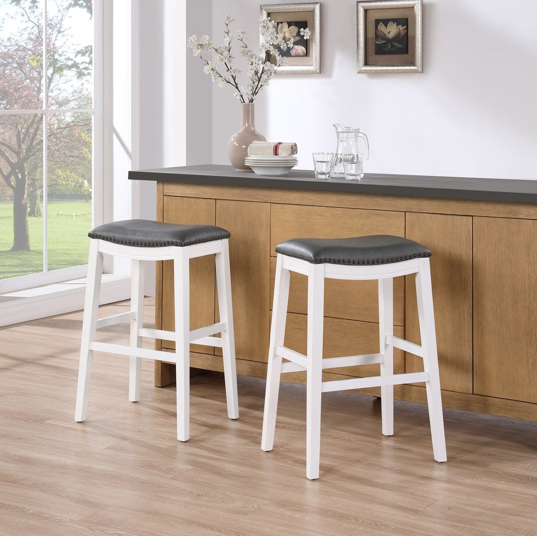 Saddle Stool, 29" Barstool, White Dark Gray Pu, Set Of 2 White Wood