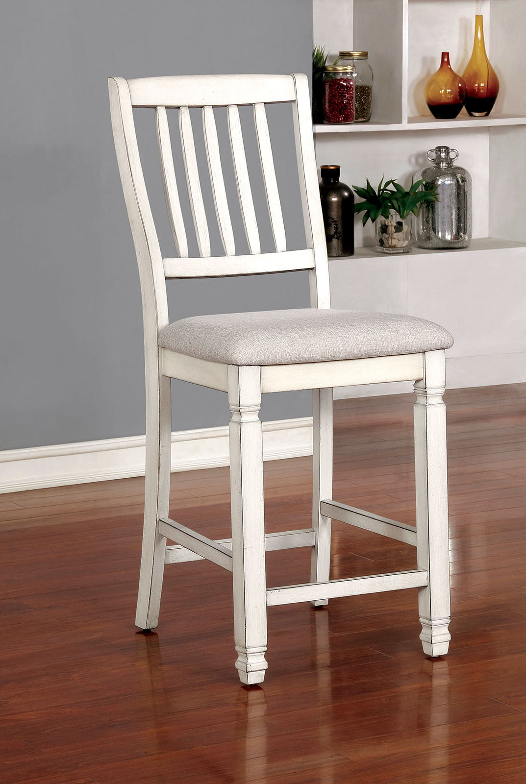 Dining Room Furniture Set Of 2Pcs Counter Height Chairs Antique White Solid Wood Slats Back Light Gray Padded Fabric Seat Cushions Antique White Gray White Dining Room Rustic,Transitional Dining Chairs Rubberwood Slat Back Solid Wood