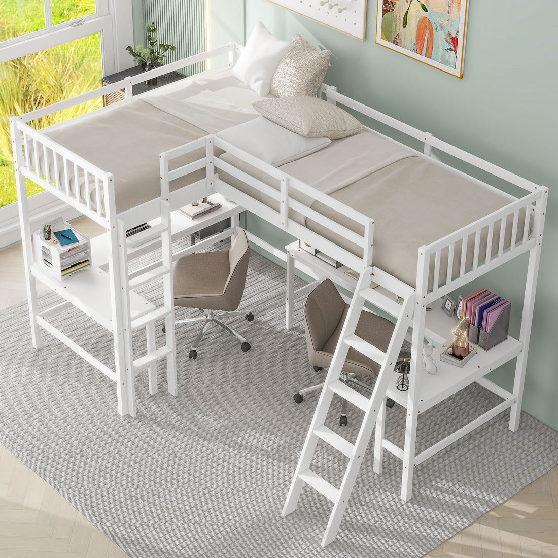 Wood Twin Size L Shaped Loft Bed With Ladder And 2 Built In L Shaped Desks, White Box Spring Not Required Twin White Wood Bedroom Solid Wood Mdf