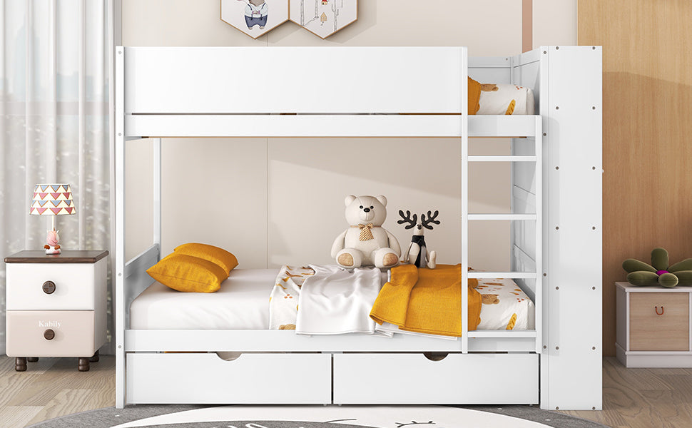 Full Over Full Bunk Bed With 2 Drawers And Multi Layer Cabinet, White White Solid Wood Mdf