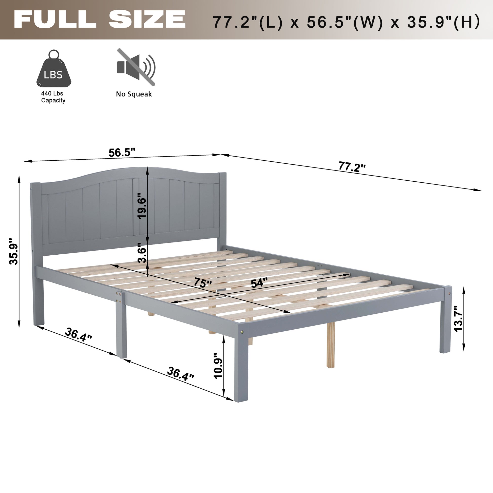 Full Bed Frame, Wood Platform Bed With Headboard, Bed Frame With Wood Slat Support For Kids, Easy Assembly,No Box Spring Needed, Gray Box Spring Not Required Full Gray Wood Solid Wood