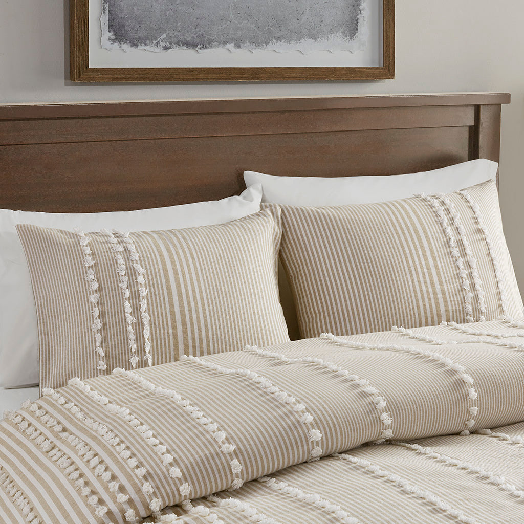 3 Piece Cotton Yarn Dyed Duvet Cover Set Taupe Cotton