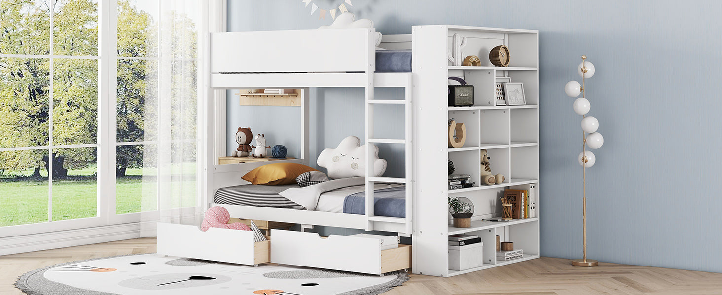 Twin Over Twin Bunk Bed With 2 Drawers And Multi Layer Cabinet, White White Solid Wood Mdf