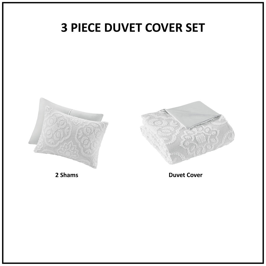 3 Piece Tufted Woven Medallion Duvet Cover Set Grey White Polyester