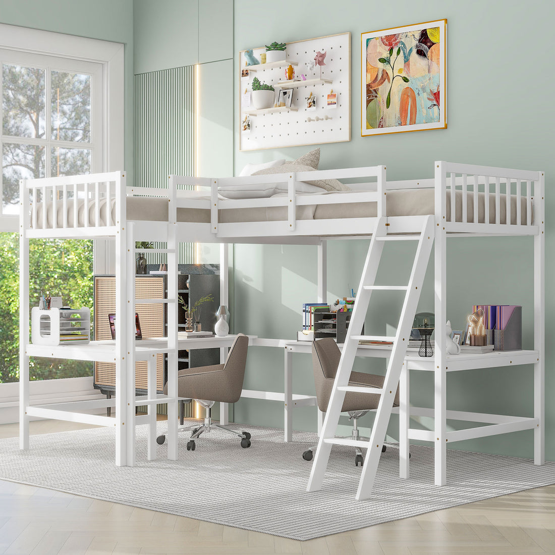 Wood Twin Size L Shaped Loft Bed With Ladder And 2 Built In L Shaped Desks, White Box Spring Not Required Twin White Wood Bedroom Solid Wood Mdf