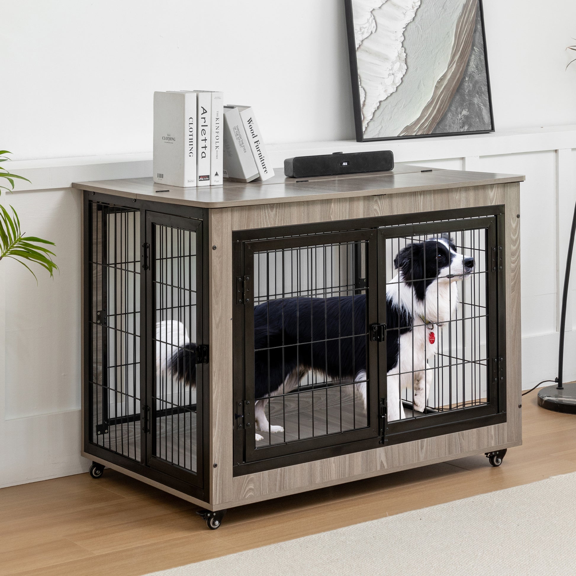 Dog Crate Furniture, Large Dog Kennel, 38"Wooden Pet Furniture With Pull Out Tray, Home And Indoor Use, Double Door Modern Side End Table For Medium Large Small Dog Grey Mdf Steel