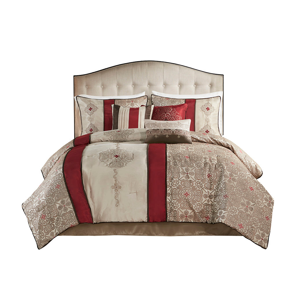 7 Piece Jacquard Comforter Set With Throw Pillows Red Polyester