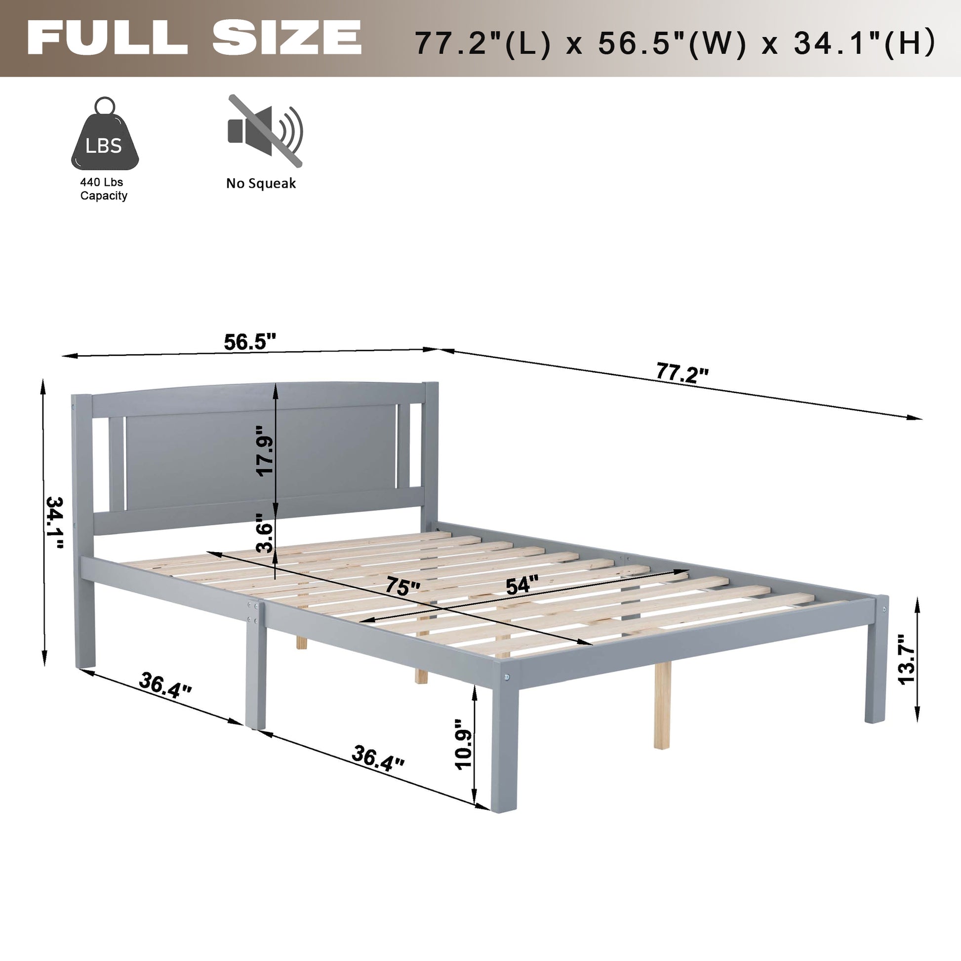 Full Bed Frame, Wood Platform Bed With Headboard, Bed Frame With Wood Slat Support For Kids, Easy Assembly,No Box Spring Needed, Gray Box Spring Not Required Full Gray Wood Solid Wood