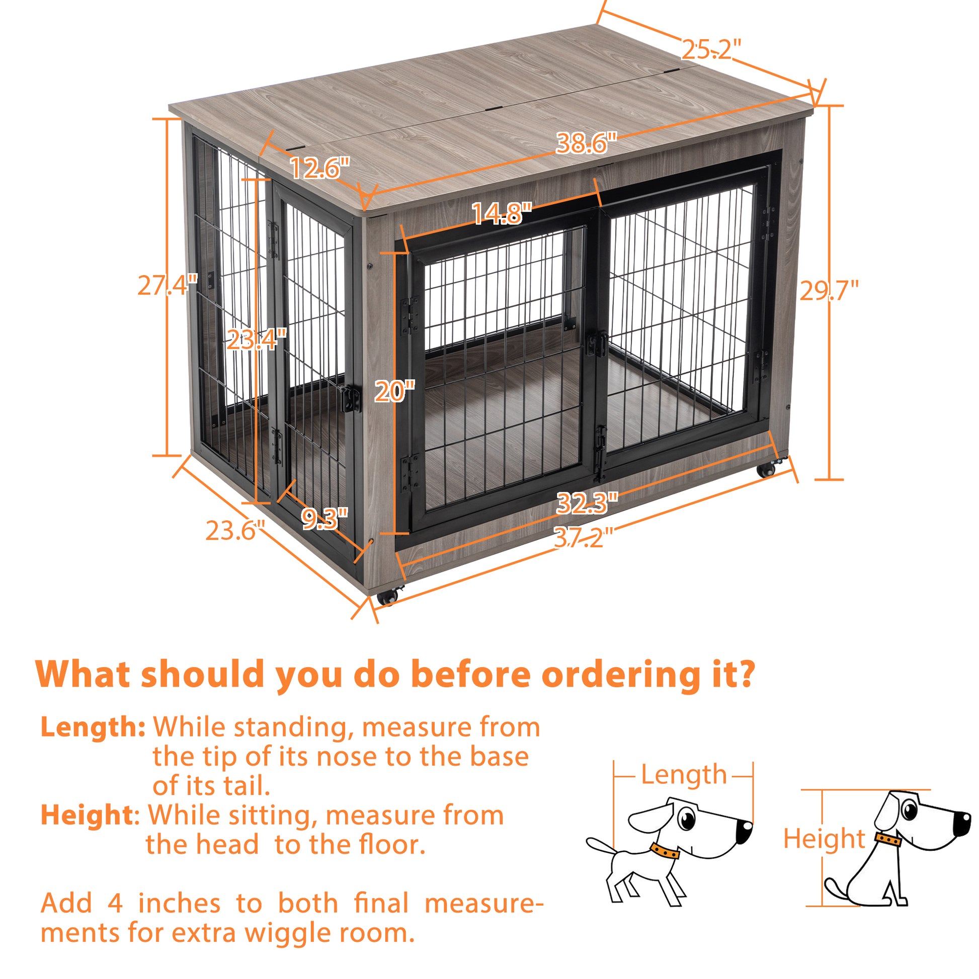 Dog Crate Furniture, Large Dog Kennel, 38"Wooden Pet Furniture With Pull Out Tray, Home And Indoor Use, Double Door Modern Side End Table For Medium Large Small Dog Grey Mdf Steel