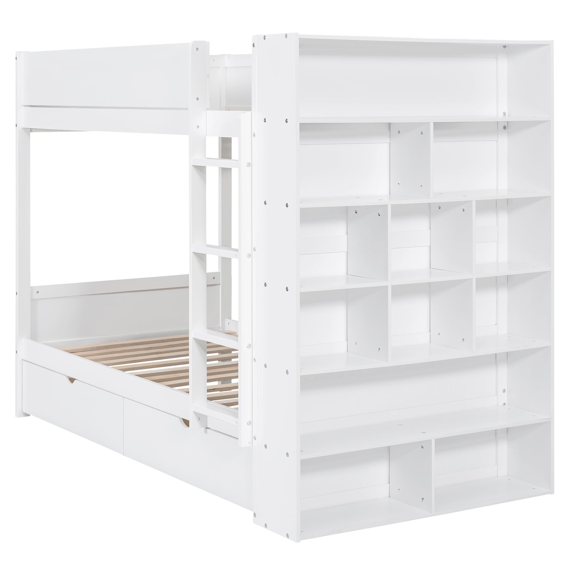 Twin Over Twin Bunk Bed With 2 Drawers And Multi Layer Cabinet, White White Solid Wood Mdf