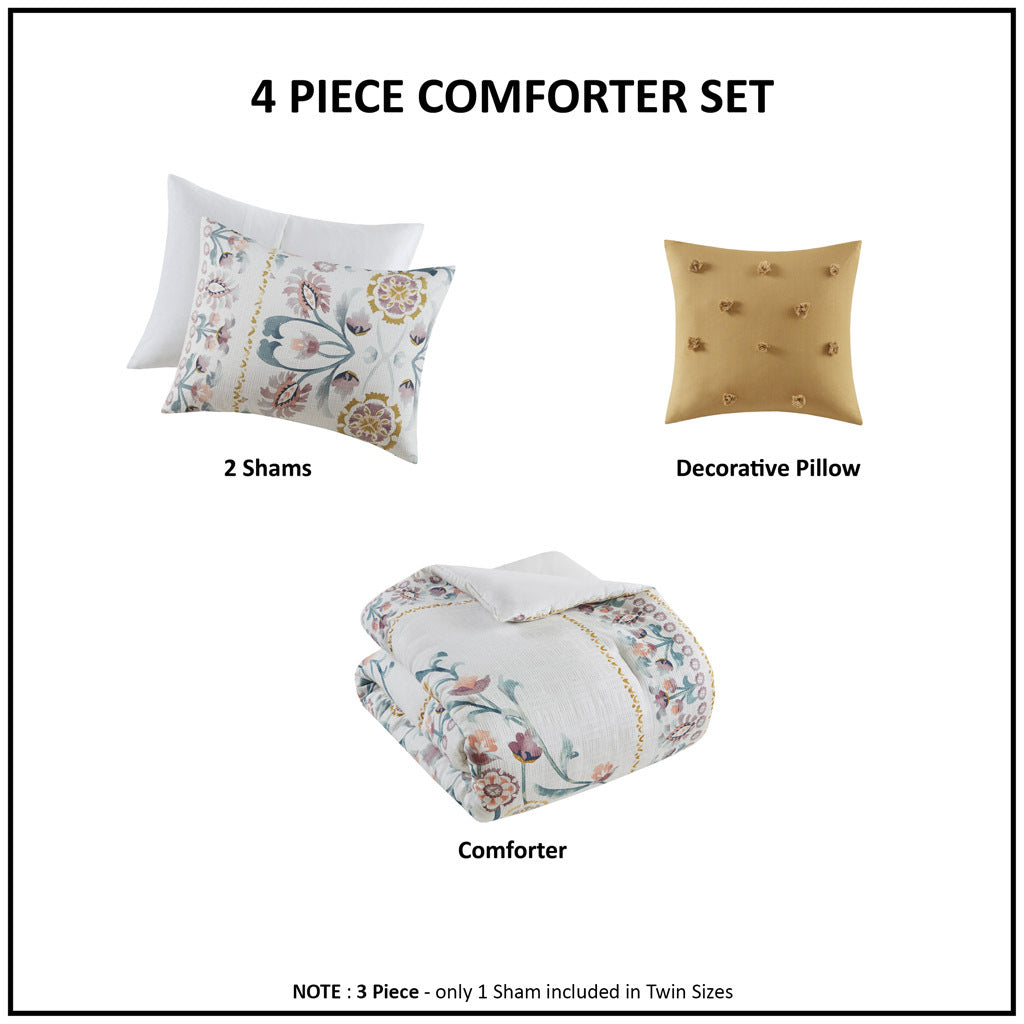 4 Piece Floral Comforter Set With Throw Pillow Multi Cotton