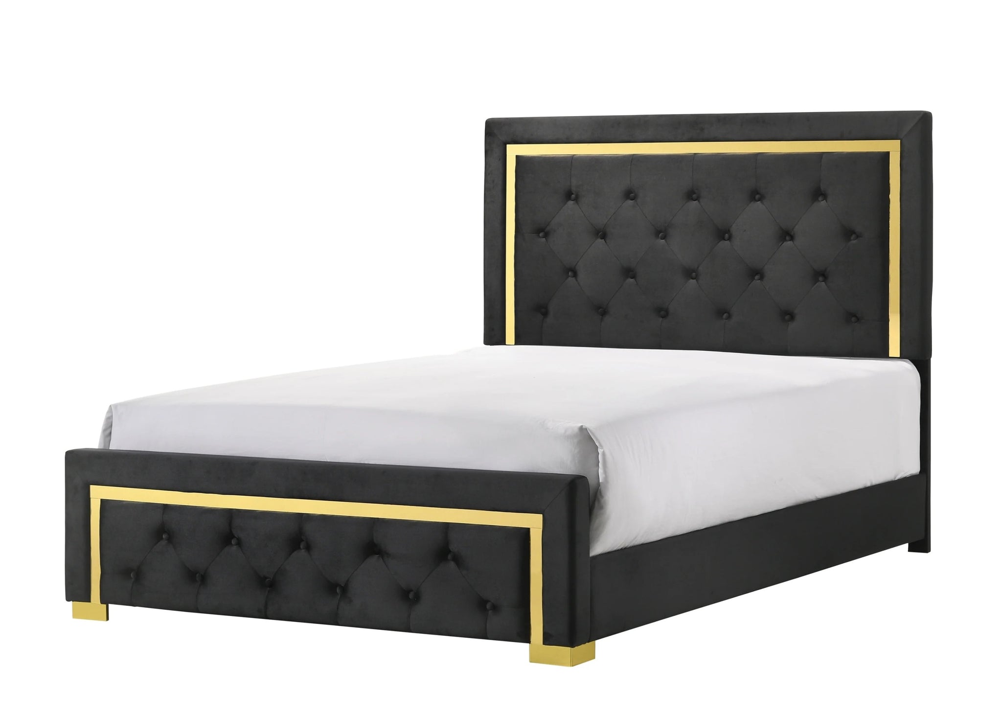 Contemporary Glam King Black Fabric Upholstered Panel 1Pc Queen Bed Black Fabric Gold Legs Bedroom Furniture Black Wood Fabric