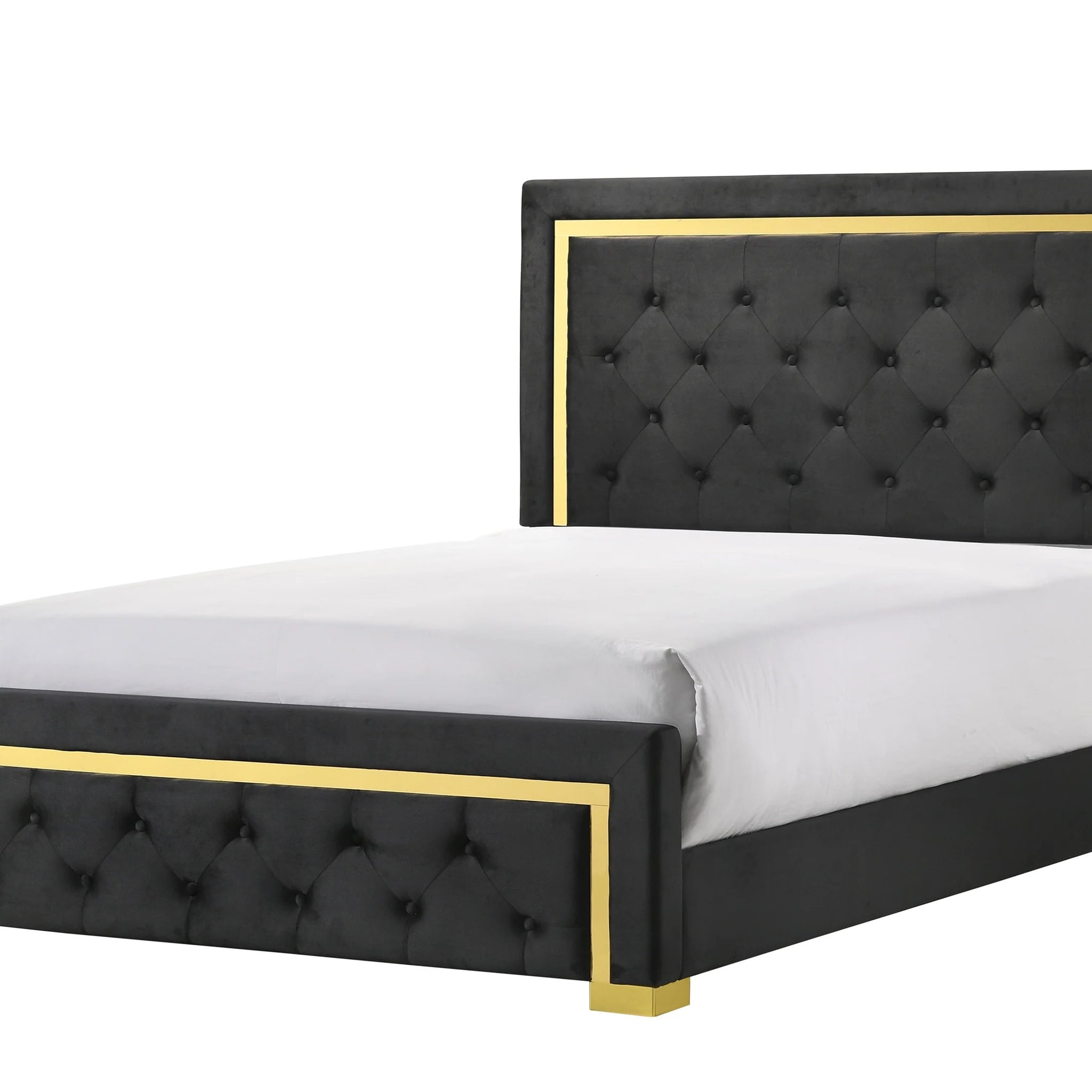 Contemporary Glam Queen Black Fabric Upholstered Panel 1Pc Queen Bed Black Fabric Gold Legs Bedroom Furniture Black Wood Fabric