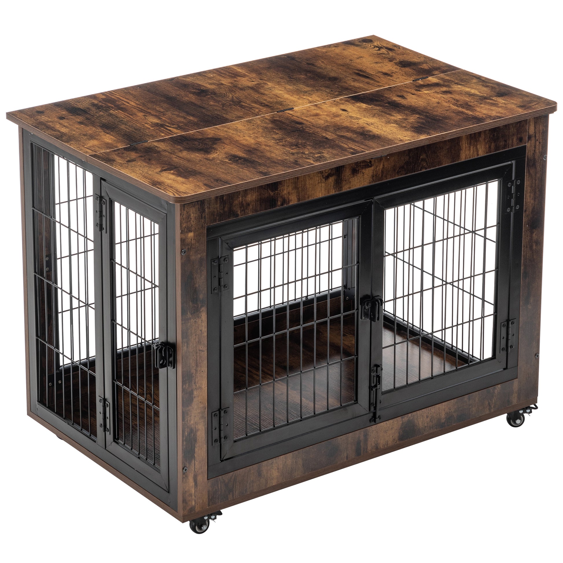 Dog Crate Furniture, Large Dog Kennel, 43"Wooden Pet Furniture With Pull Out Tray, Home And Indoor Use, Double Door Modern Side End Table For Medium Large Small Dog Brown Mdf Steel