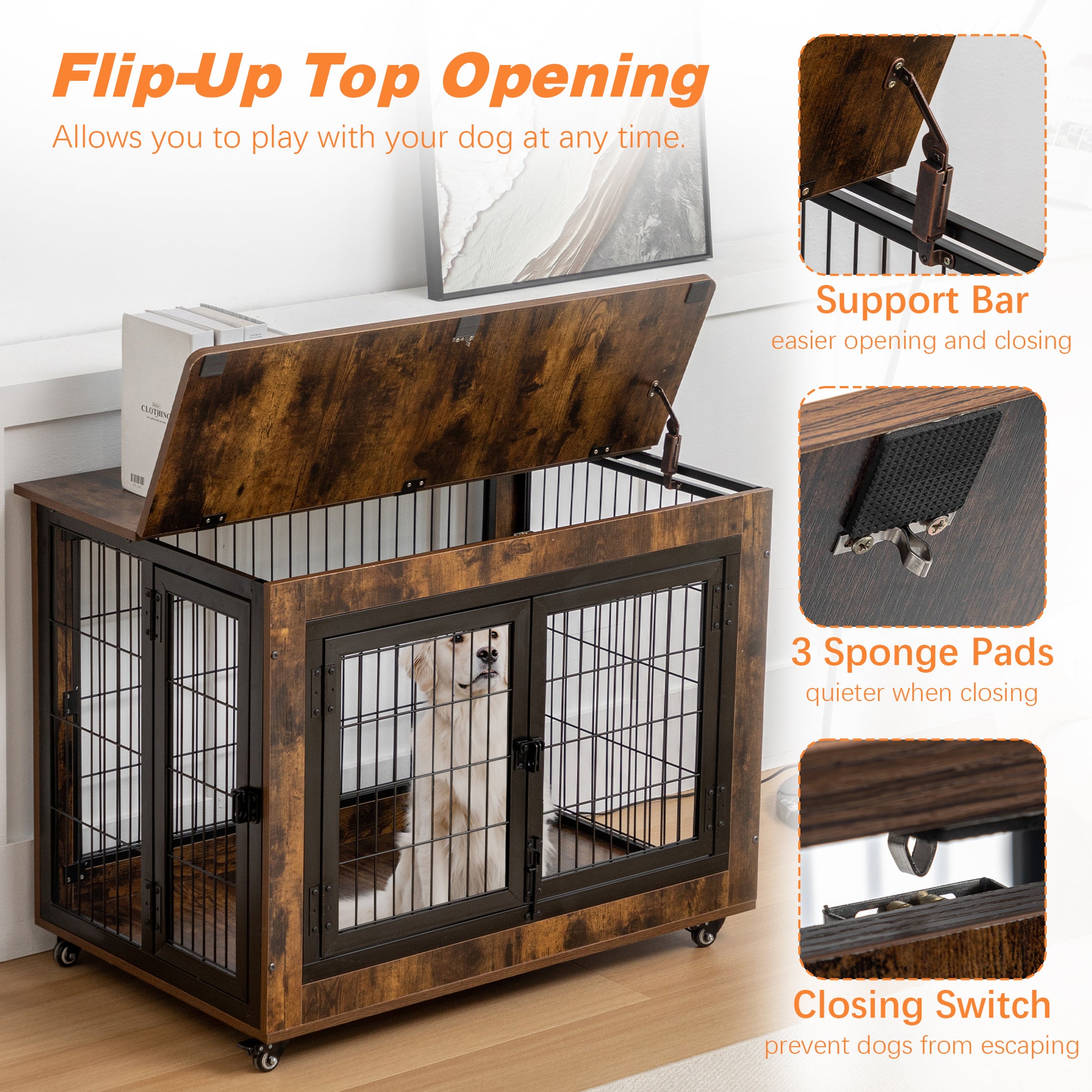 Dog Crate Furniture, Large Dog Kennel, 38"Wooden Pet Furniture With Pull Out Tray, Home And Indoor Use, Double Door Modern Side End Table For Medium Large Small Dog Brown Mdf Steel