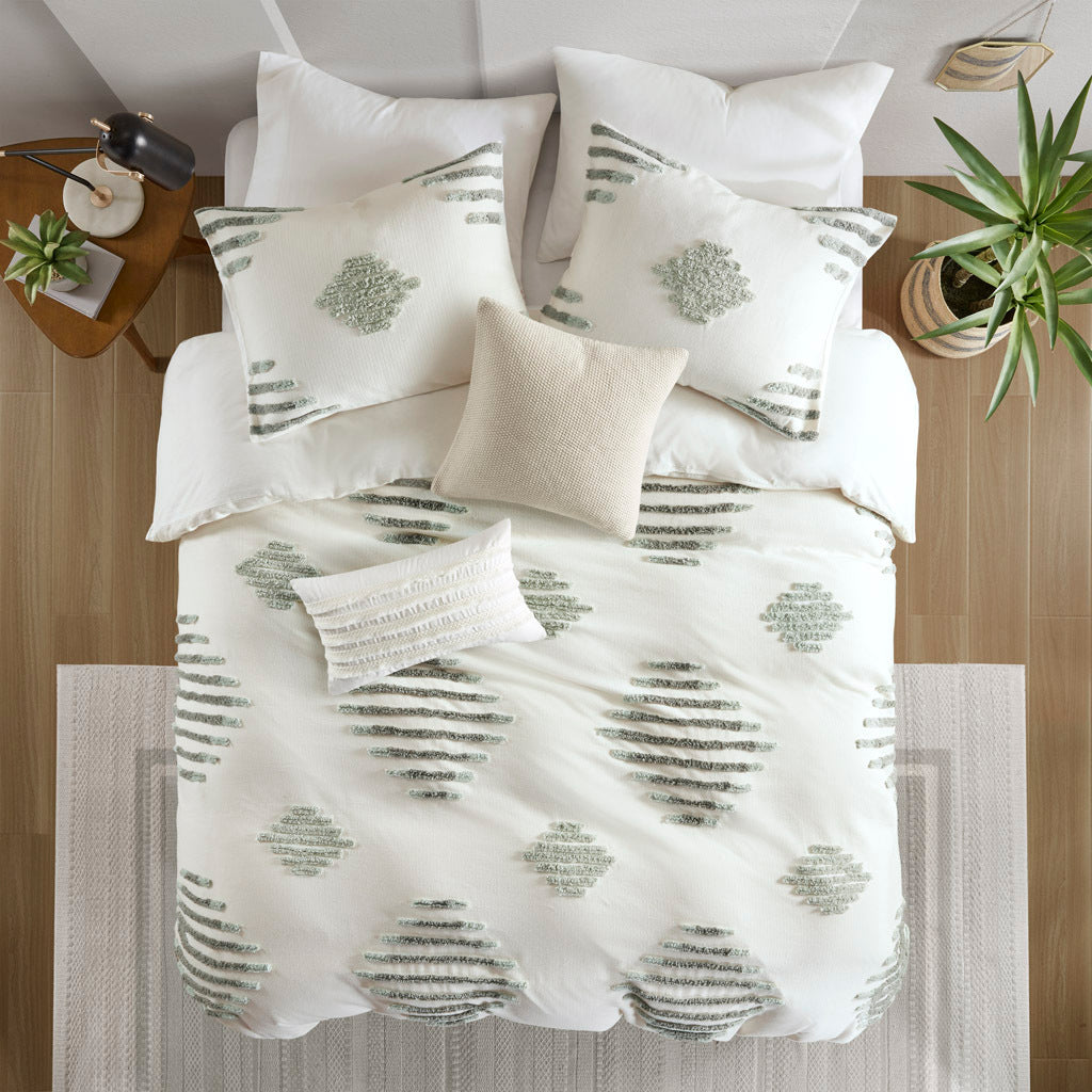 3 Piece Cotton Blend Chenille Duvet Cover Set Green Ivory Cotton