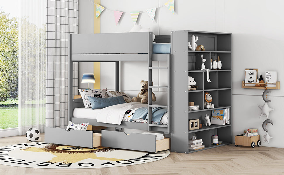 Twin Over Twin Bunk Bed With 2 Drawers And Multi Layer Cabinet, Gray Gray Solid Wood Mdf