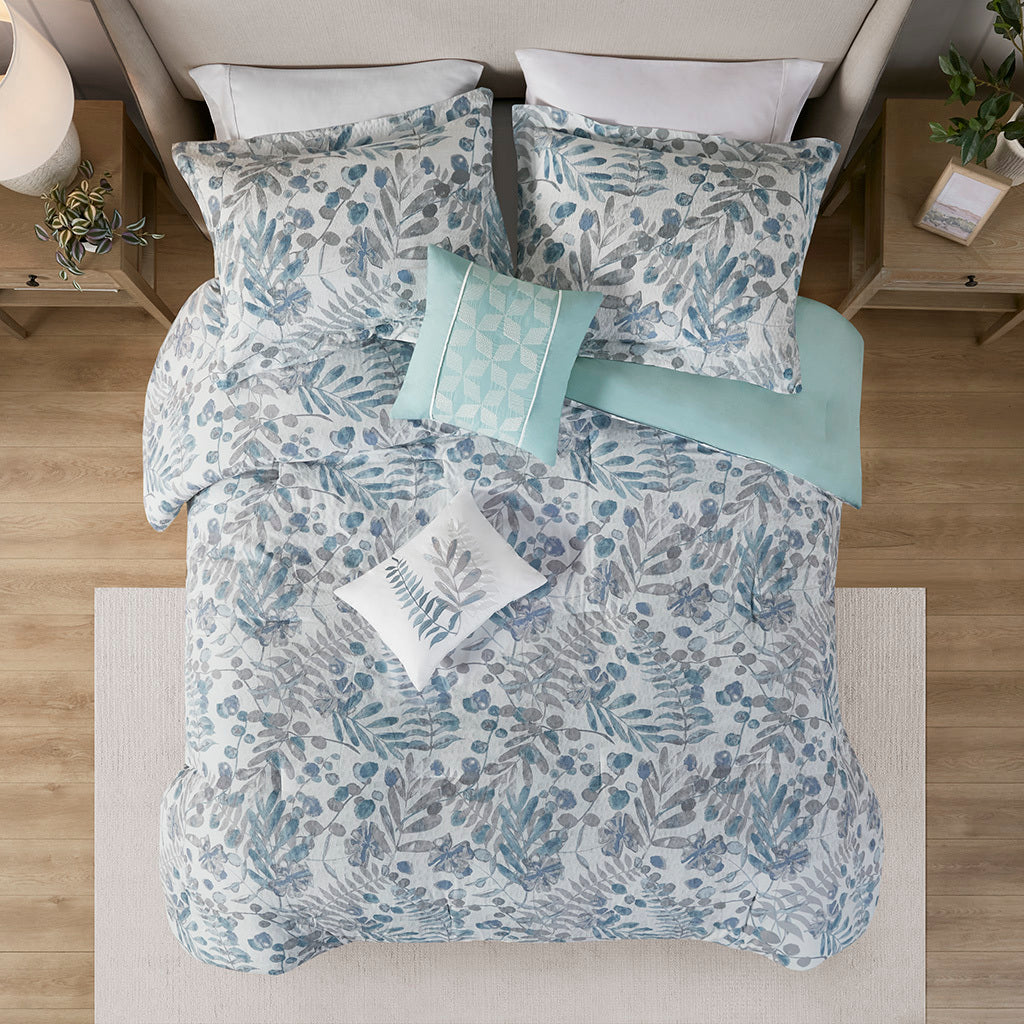 5 Piece Seersucker Comforter Set With Throw Pillows Blue Polyester