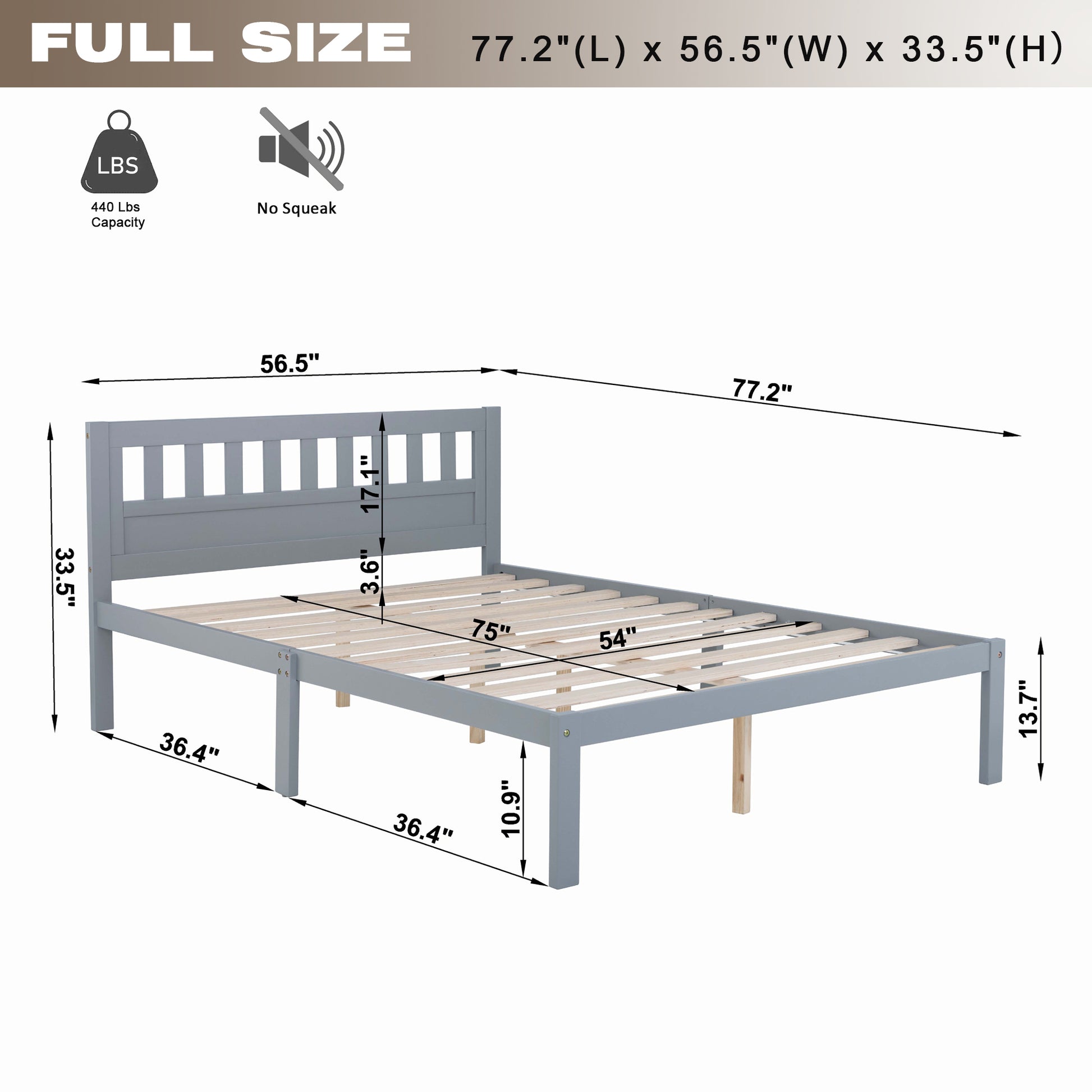 Full Bed Frame, Wood Platform Bed With Headboard, Bed Frame With Wood Slat Support For Kids, Easy Assembly,No Box Spring Needed, Gray Box Spring Not Required Full Gray Wood Solid Wood