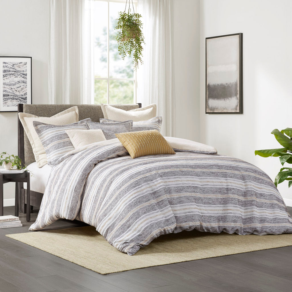 Oversized Chenille Jacquard Striped Comforter Set With Euro Shams And Throw Pillows Charcoal Cotton