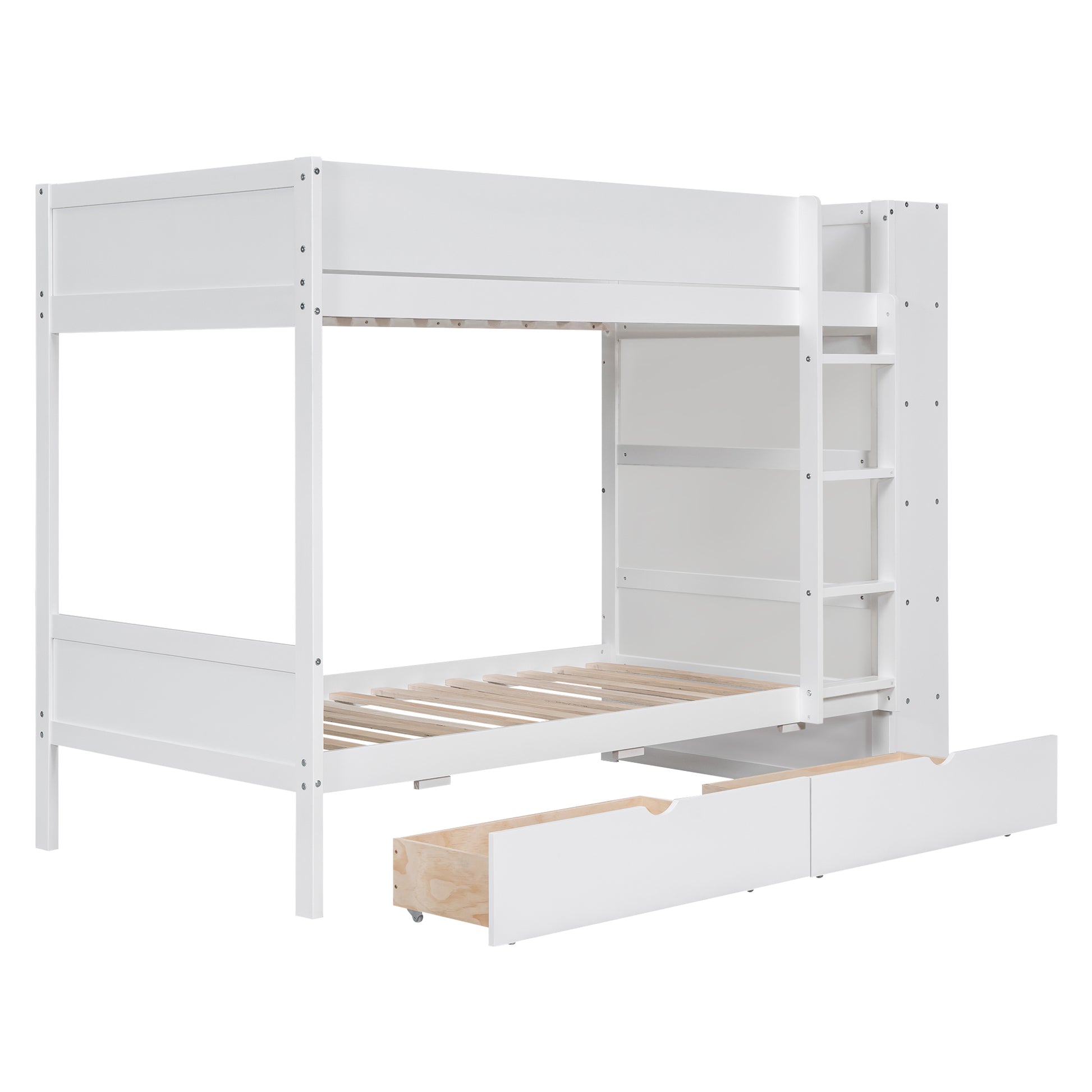 Twin Over Twin Bunk Bed With 2 Drawers And Multi Layer Cabinet, White White Solid Wood Mdf