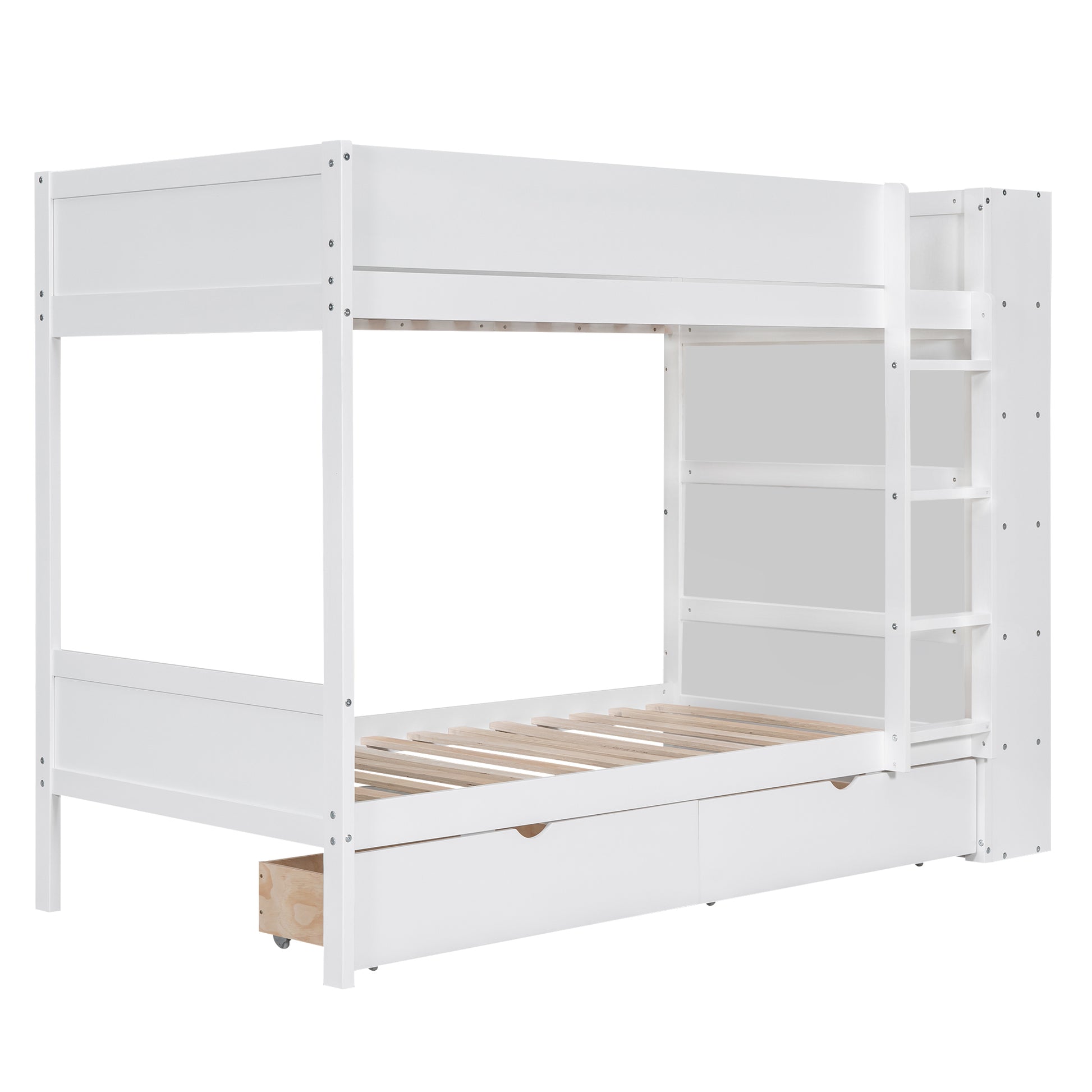 Twin Over Twin Bunk Bed With 2 Drawers And Multi Layer Cabinet, White White Solid Wood Mdf