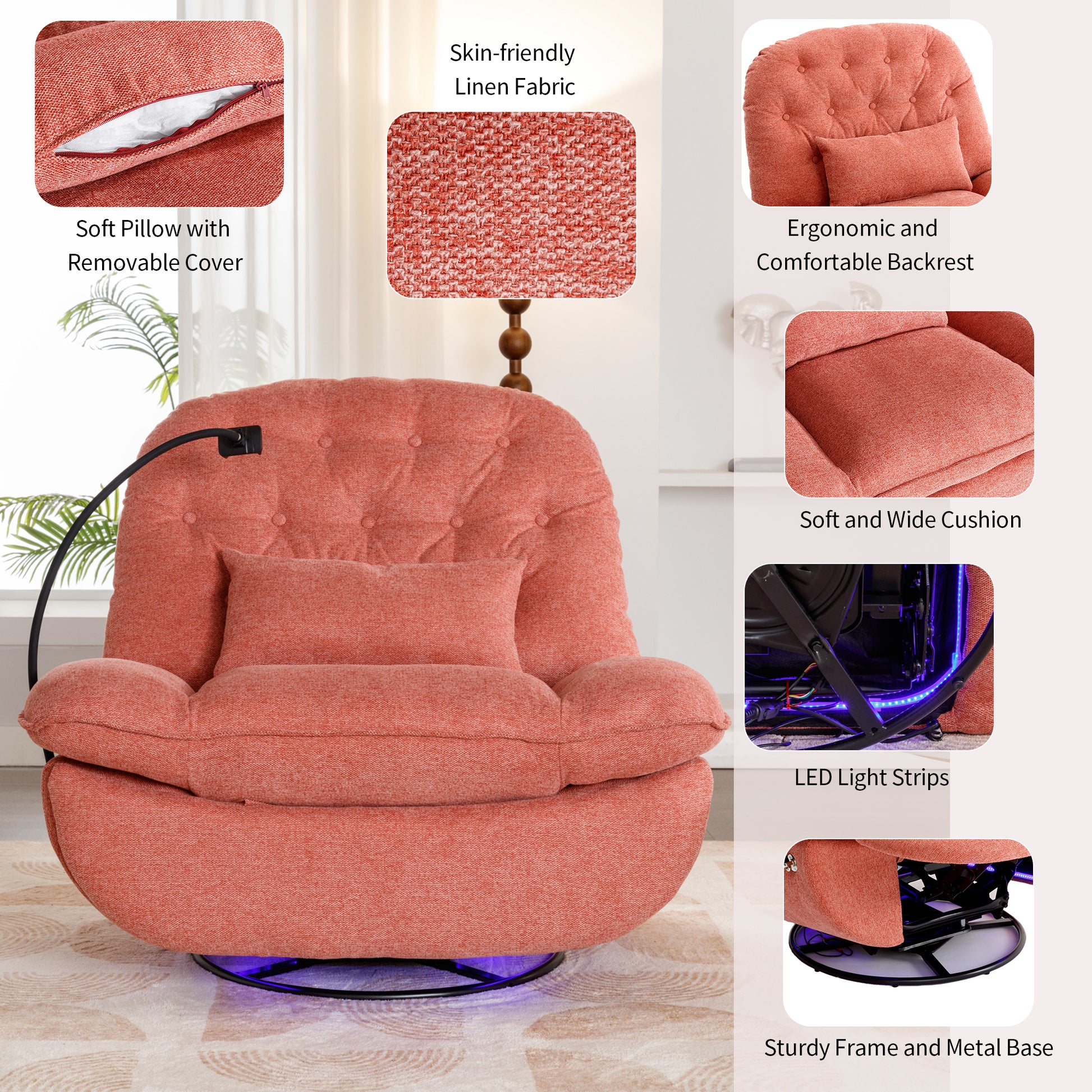 270 Degree Swivel Power Recliner With Voice Control, Bluetooth Music Player,Usb Ports, Atmosphere Lamp, Hidden Arm Storage And Mobile Phone Holder For Living Room, Bedroom, Apartment, Red Red Foam Linen