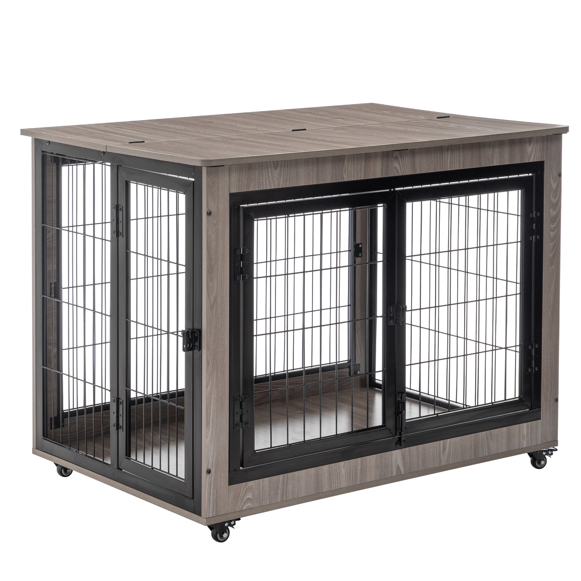 Dog Crate Furniture, Large Dog Kennel, 43"Wooden Pet Furniture With Pull Out Tray, Home And Indoor Use, Double Door Modern Side End Table For Medium Large Small Dog Grey Mdf Steel