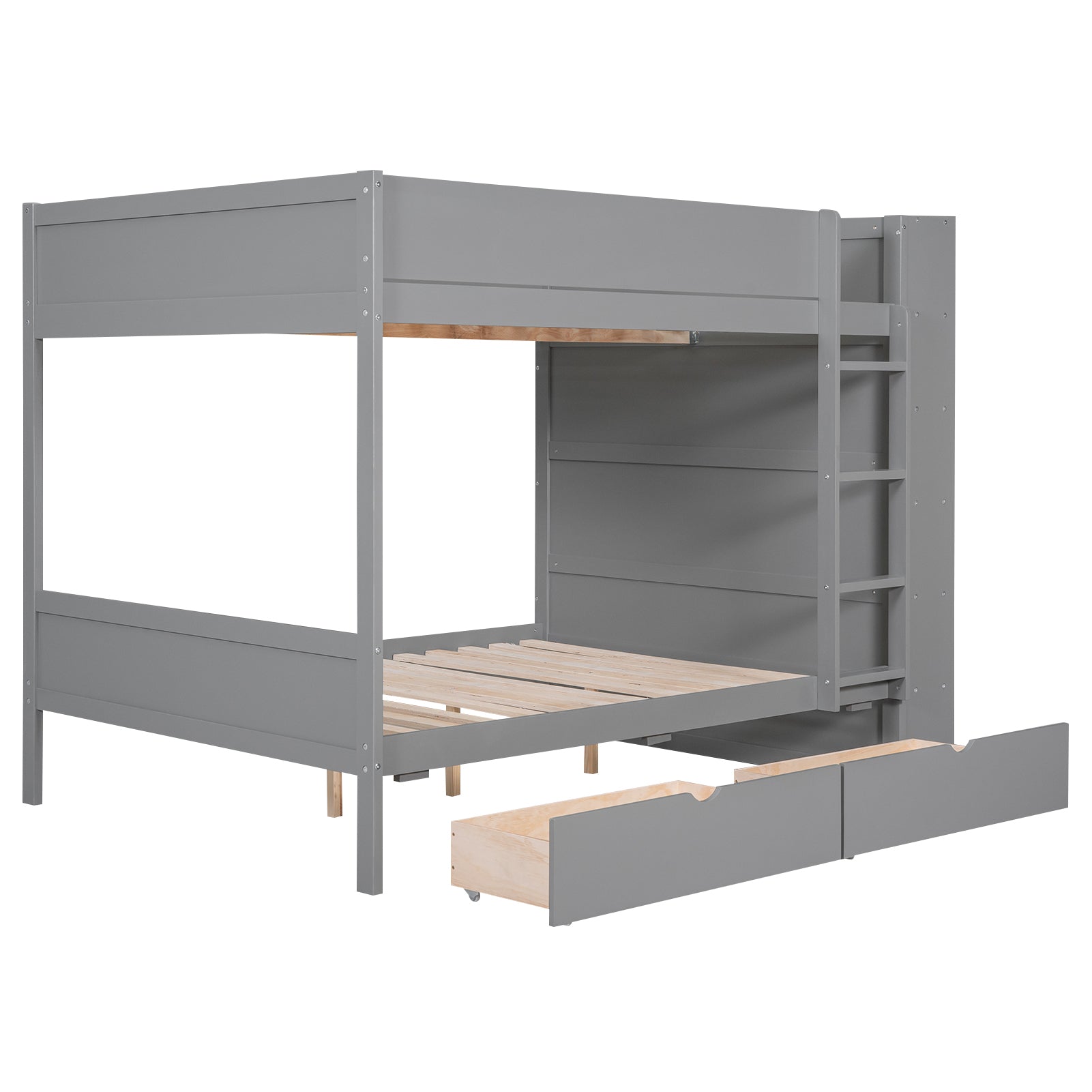 Full Over Full Bunk Bed With 2 Drawers And Multi Layer Cabinet, Gray Gray Solid Wood Mdf