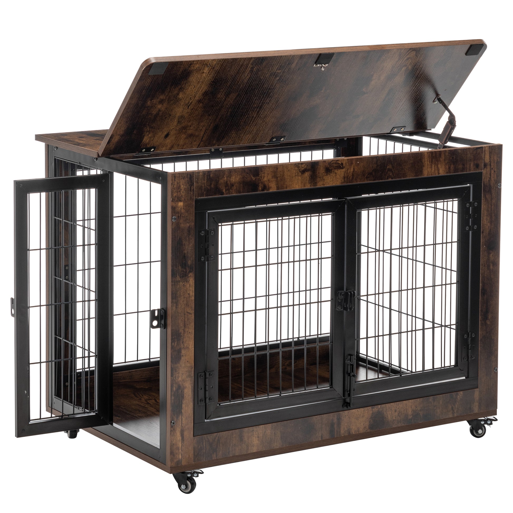 Dog Crate Furniture, Large Dog Kennel, 38"Wooden Pet Furniture With Pull Out Tray, Home And Indoor Use, Double Door Modern Side End Table For Medium Large Small Dog Brown Mdf Steel