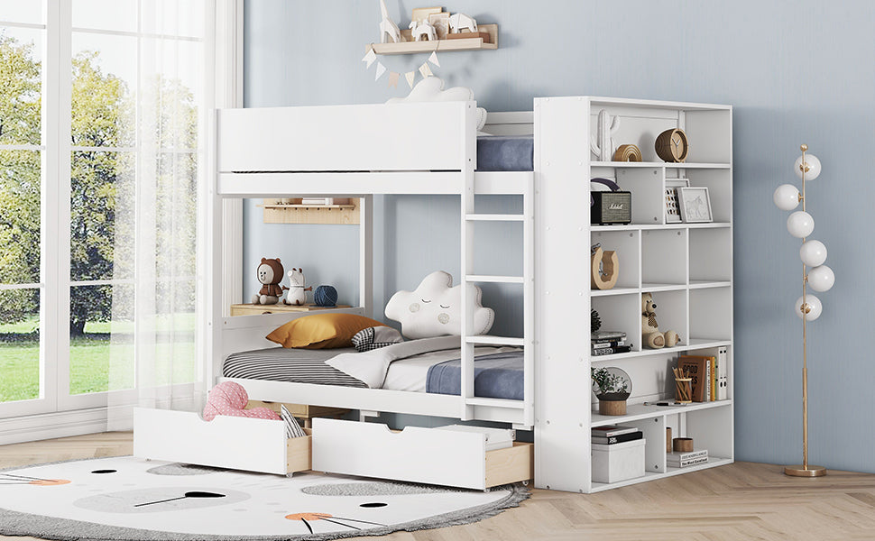 Twin Over Twin Bunk Bed With 2 Drawers And Multi Layer Cabinet, White White Solid Wood Mdf