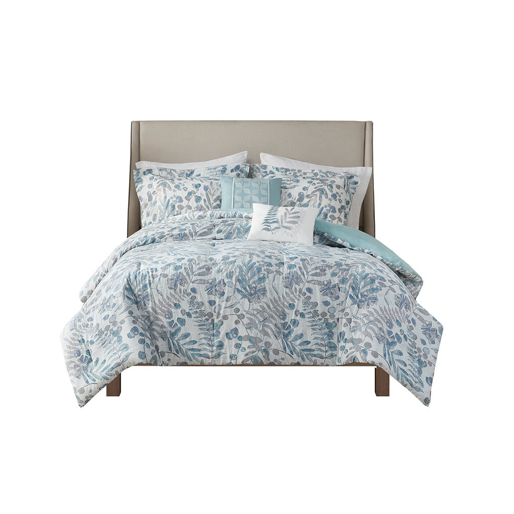 5 Piece Seersucker Comforter Set With Throw Pillows Blue Polyester