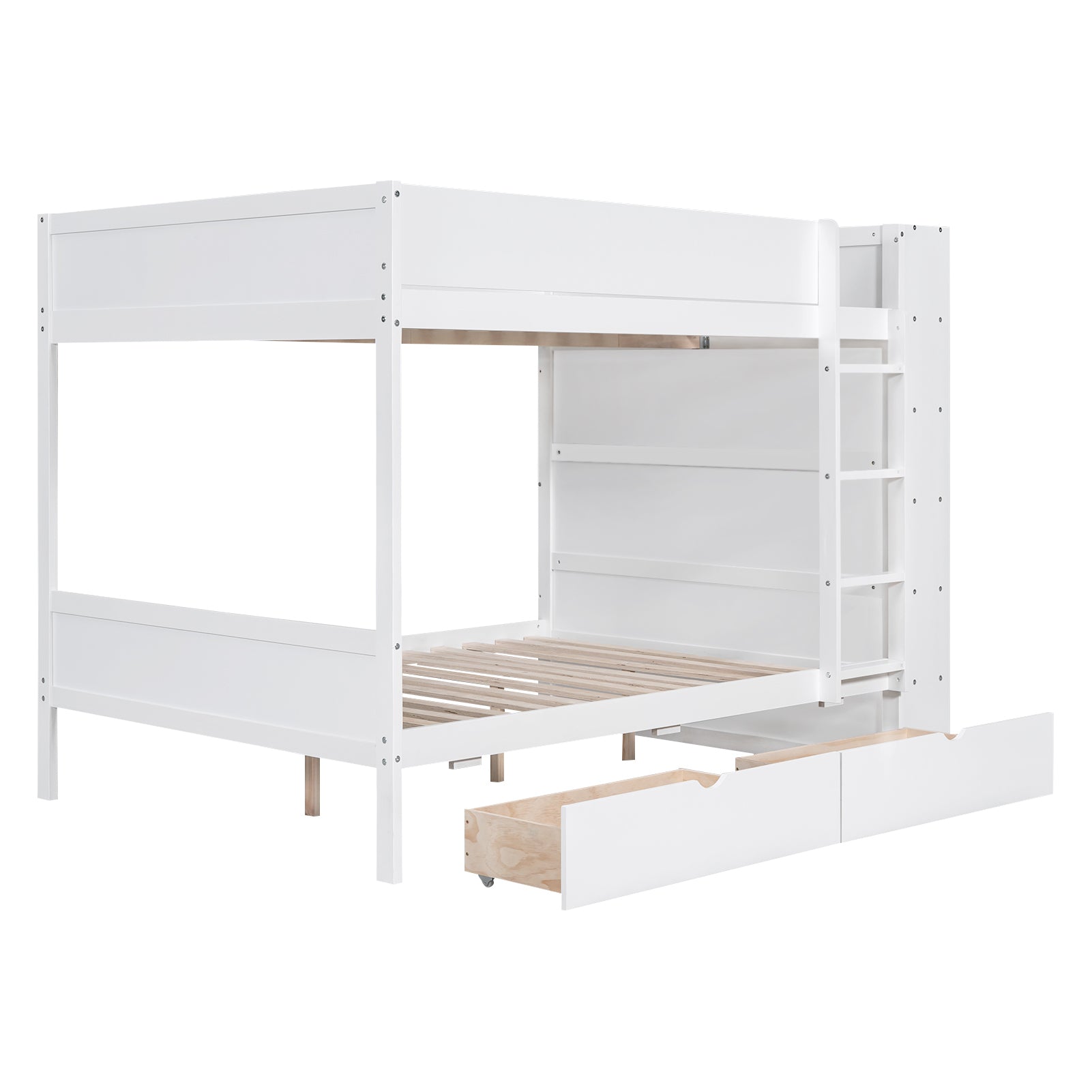 Full Over Full Bunk Bed With 2 Drawers And Multi Layer Cabinet, White White Solid Wood Mdf