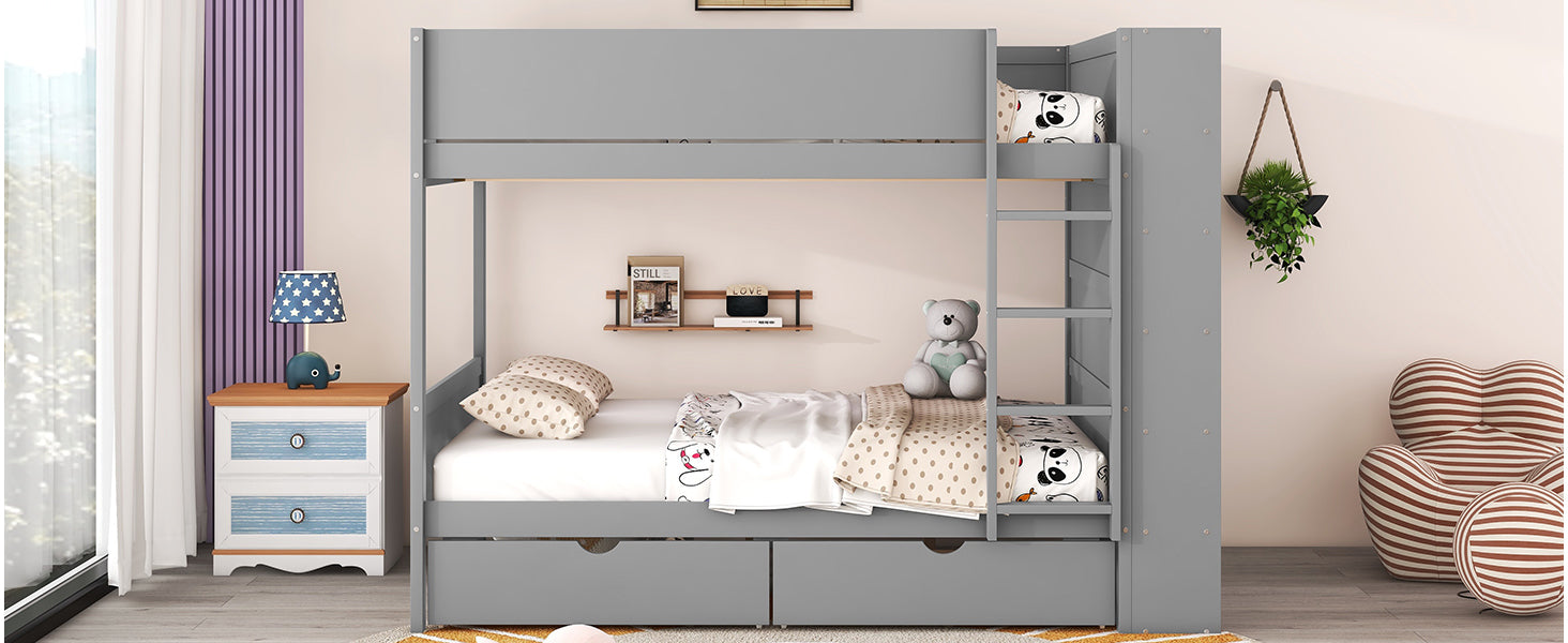 Full Over Full Bunk Bed With 2 Drawers And Multi Layer Cabinet, Gray Gray Solid Wood Mdf