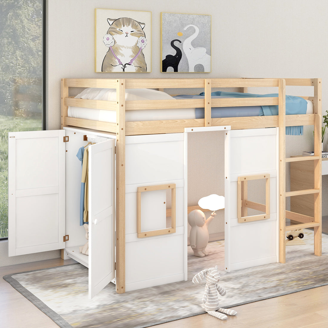 Wood Twin Size Loft Bed With Built In Storage Wardrobe And 2 Windows, Natural White Box Spring Not Required Twin Natural White Wood Bedroom Wood