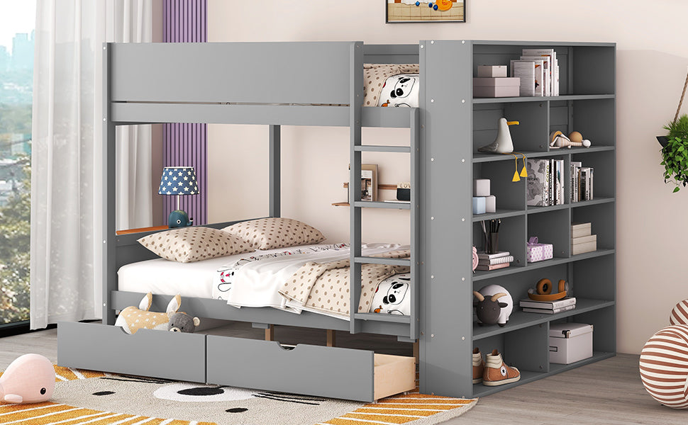 Full Over Full Bunk Bed With 2 Drawers And Multi Layer Cabinet, Gray Gray Solid Wood Mdf