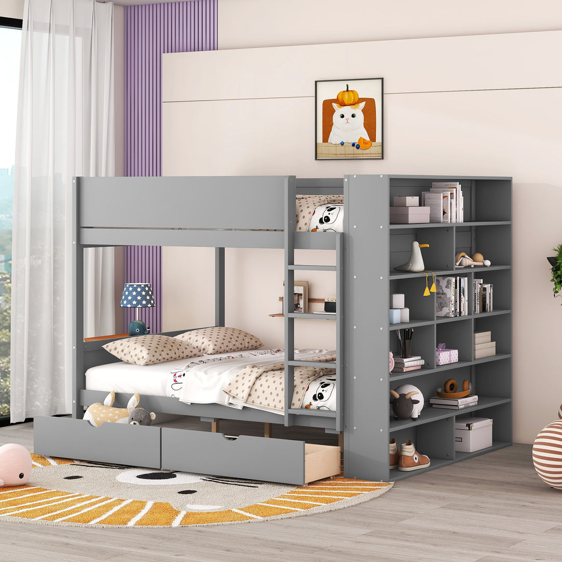 Full Over Full Bunk Bed With 2 Drawers And Multi Layer Cabinet, Gray Gray Solid Wood Mdf