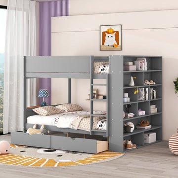 Full Over Full Bunk Bed With 2 Drawers And Multi Layer Cabinet, Gray Gray Solid Wood Mdf