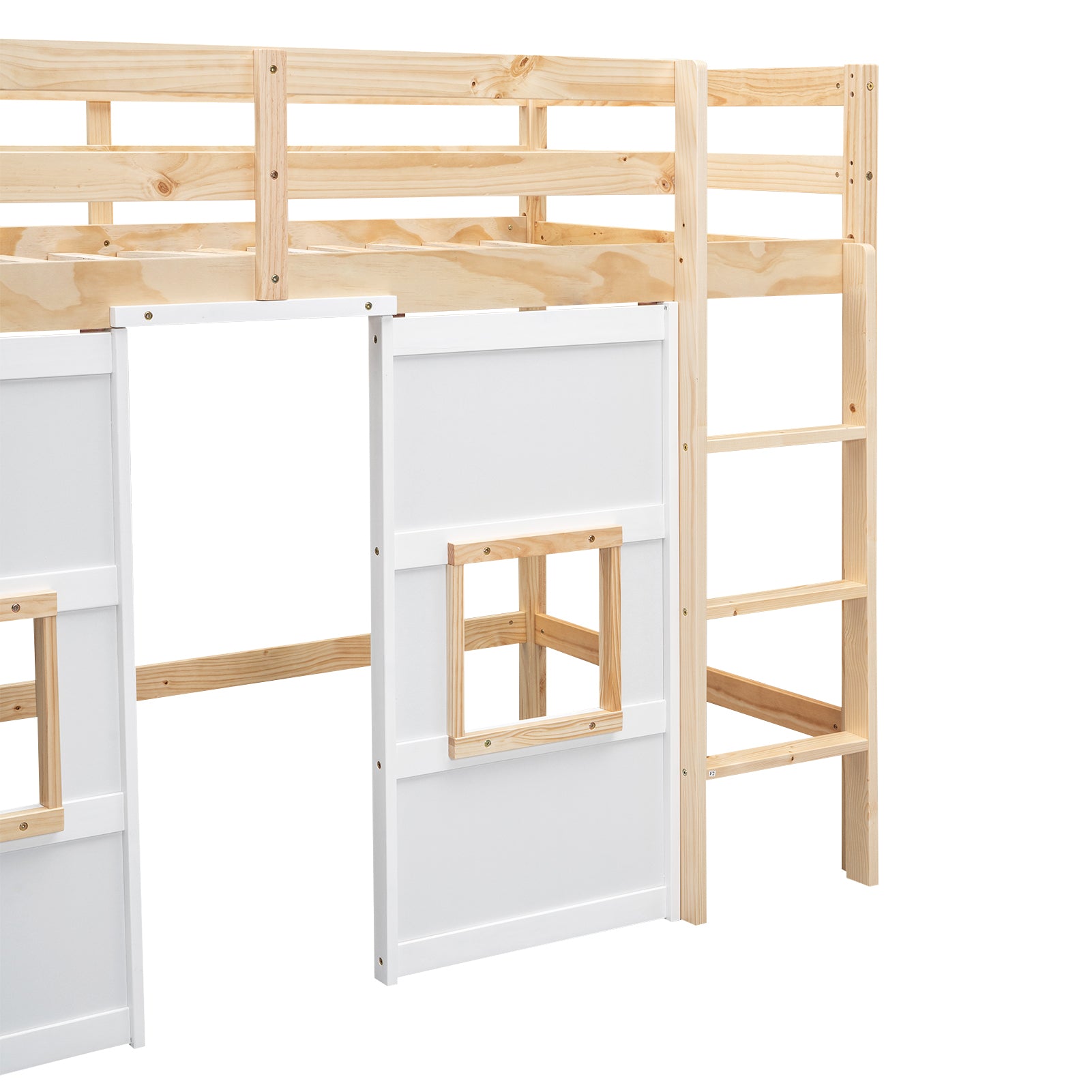 Wood Twin Size Loft Bed With Built In Storage Wardrobe And 2 Windows, Natural White Box Spring Not Required Twin Natural White Wood Bedroom Wood