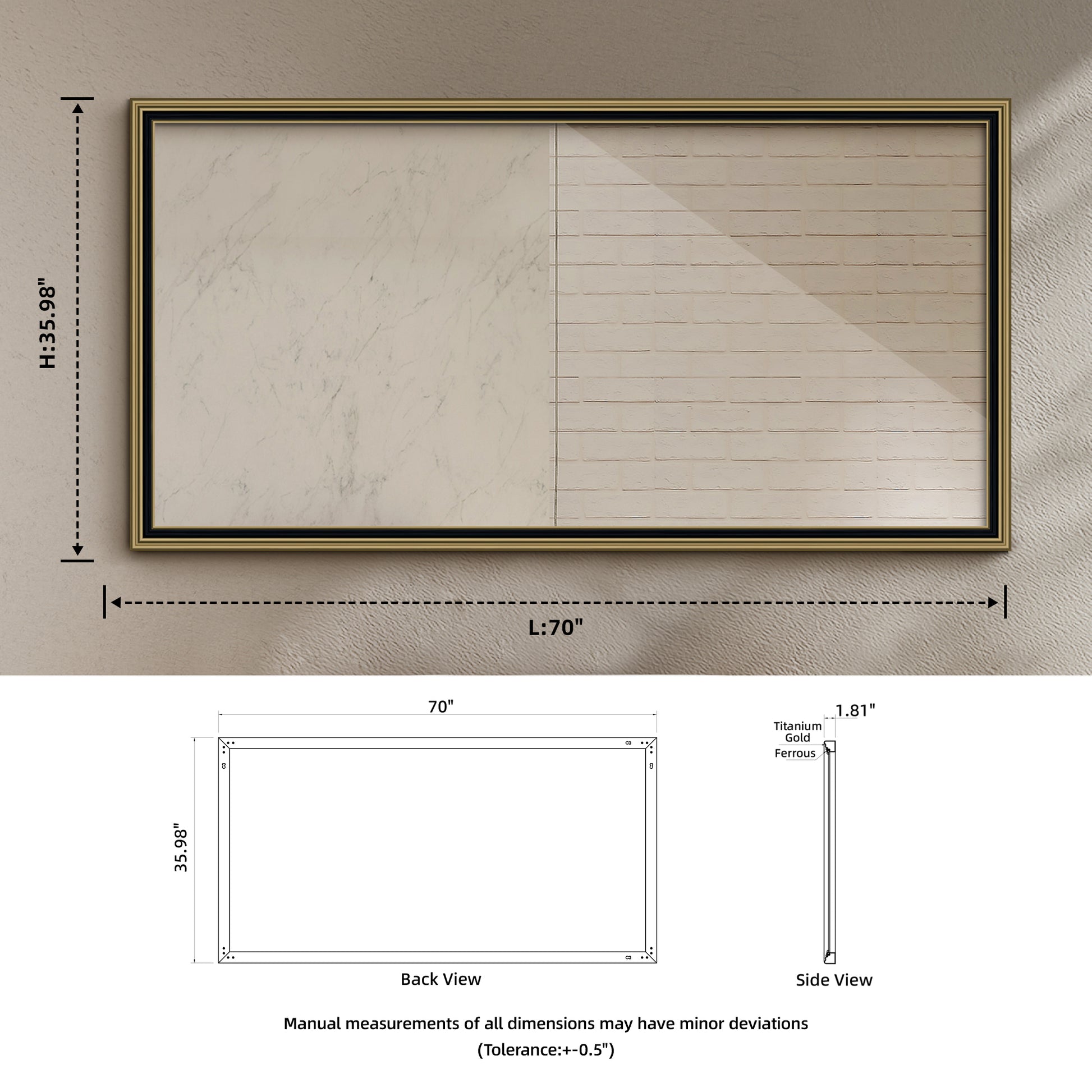 70"*36" Bathroom Mirror Without Led Light Modern Style White Gold Classic,Luxury,Modern Glass Glass