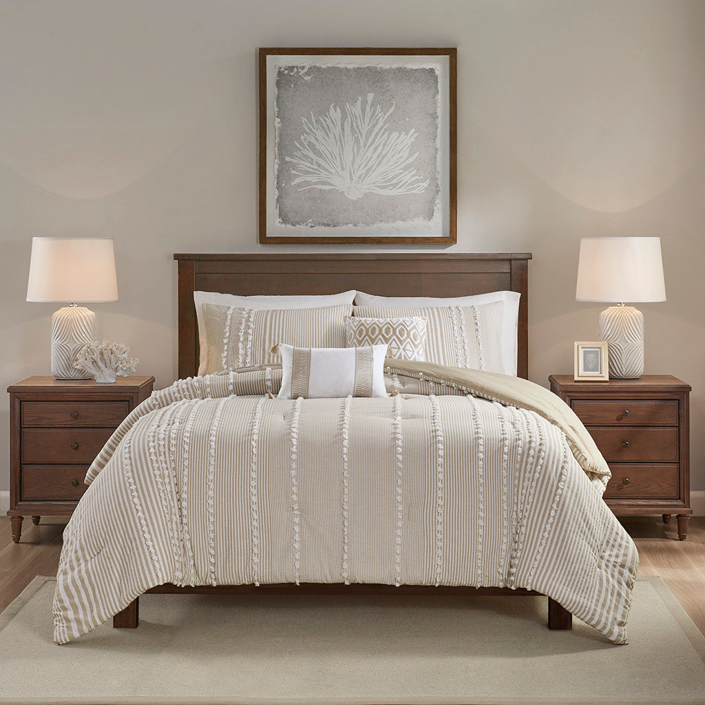 3 Piece Cotton Yarn Dyed Comforter Set Taupe Cotton