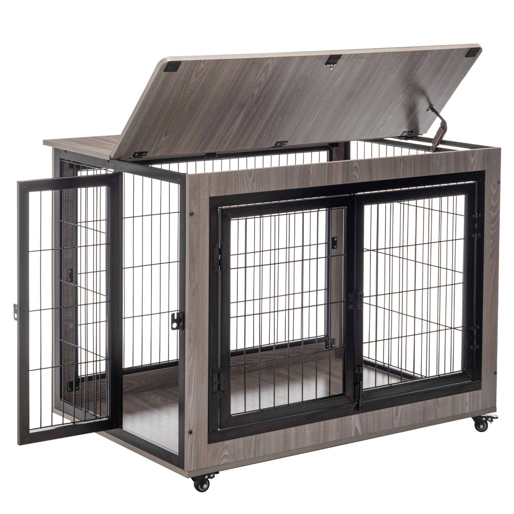 Dog Crate Furniture, Large Dog Kennel, 38"Wooden Pet Furniture With Pull Out Tray, Home And Indoor Use, Double Door Modern Side End Table For Medium Large Small Dog Grey Mdf Steel