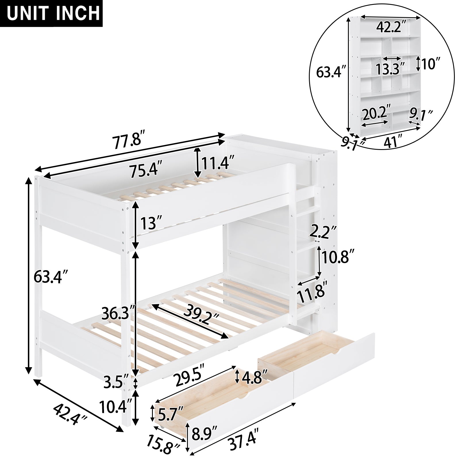 Twin Over Twin Bunk Bed With 2 Drawers And Multi Layer Cabinet, White White Solid Wood Mdf