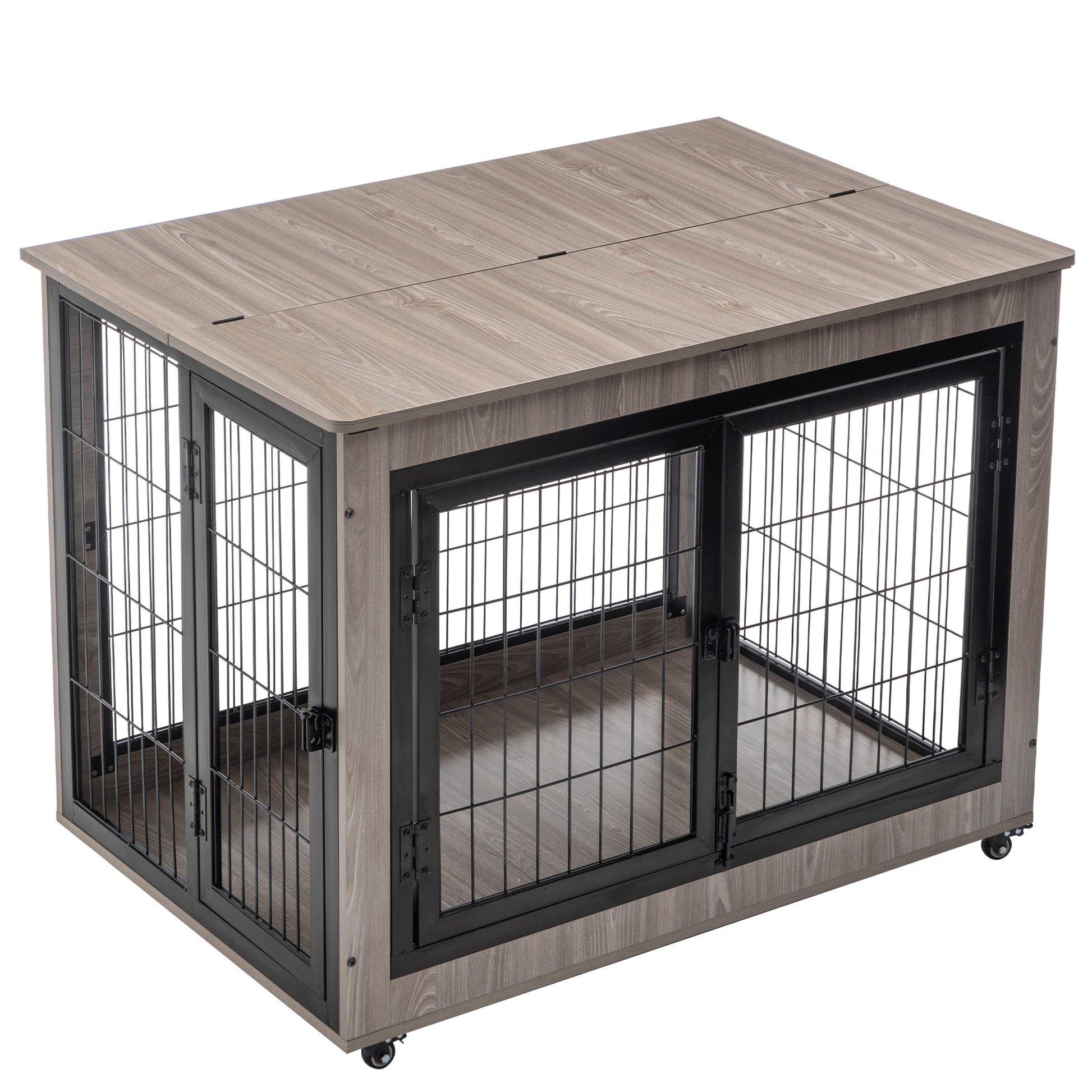 Dog Crate Furniture, Large Dog Kennel, 38"Wooden Pet Furniture With Pull Out Tray, Home And Indoor Use, Double Door Modern Side End Table For Medium Large Small Dog Grey Mdf Steel